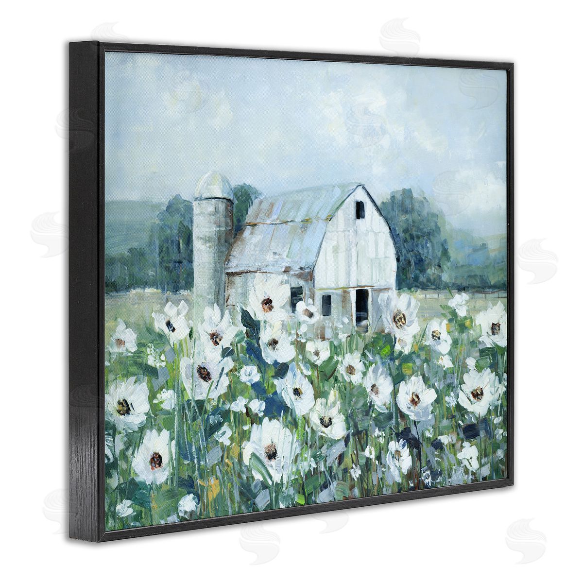 Sally Swatland Rural Anemone Flower Meadow White Farmland Barn Black Framed Giclee Wall Art Print