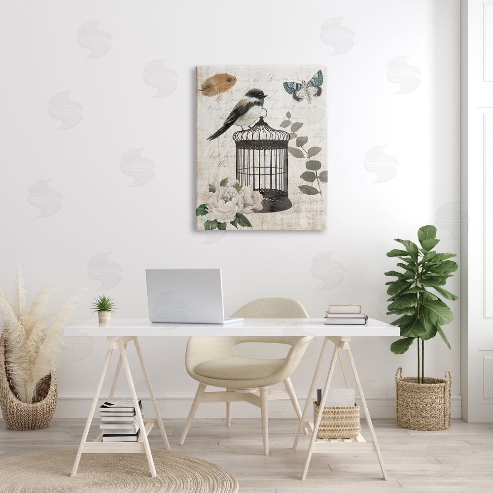 Nan Vintage Bird Cage Butterfly Floral Script Words Canvas Wall Art Print in Room