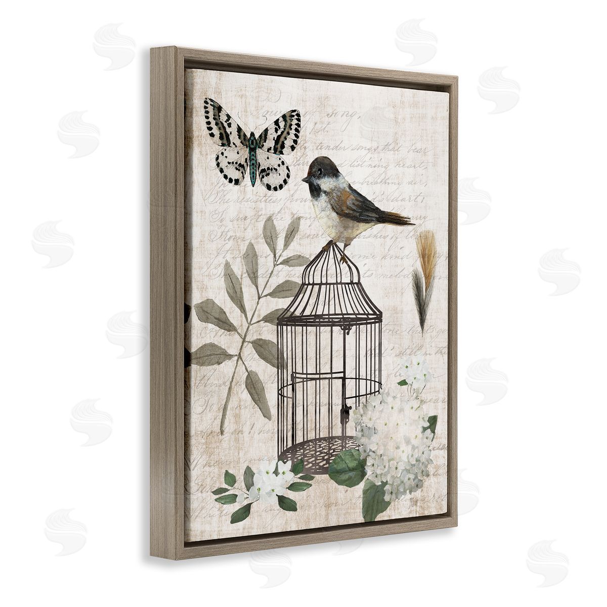 Nan Botanical Bird Cage Vintage Words Butterfly Brown Floating Frame Canvas Wall Art Print