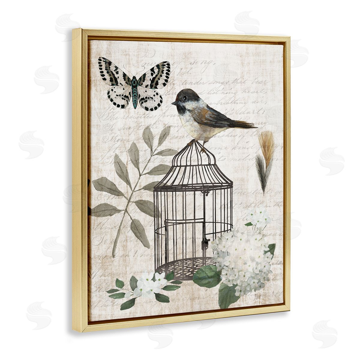 Nan Botanical Bird Cage Vintage Words Butterfly Gold Floating Frame Canvas Wall Art Print