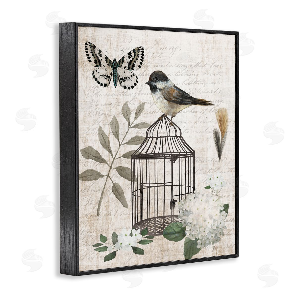 Nan Botanical Bird Cage Vintage Words Butterfly Black Framed Giclee Wall Art Print
