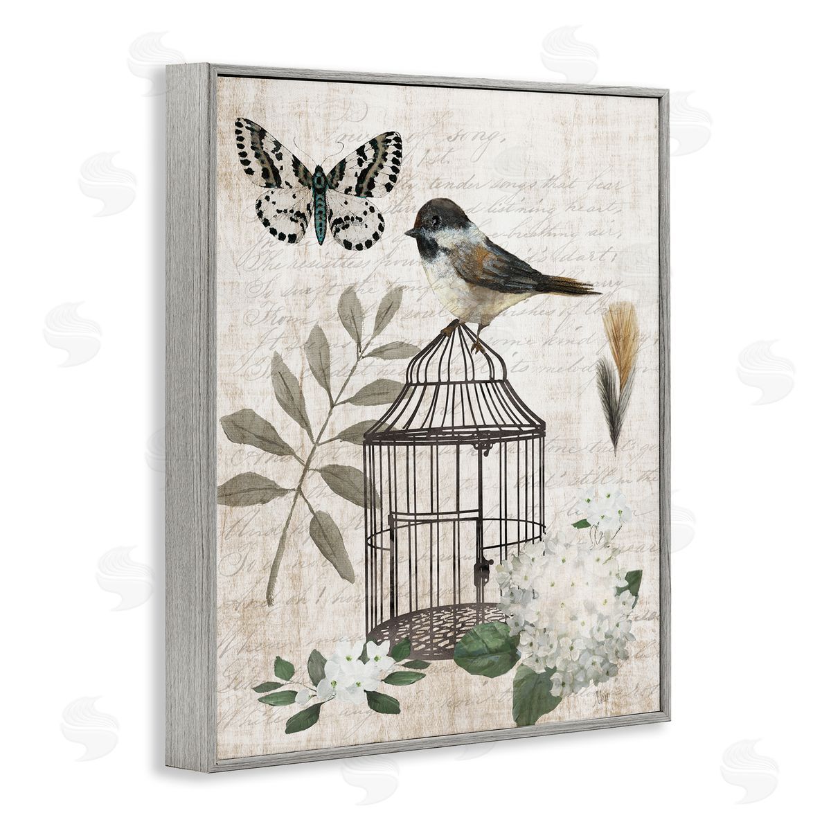 Nan Botanical Bird Cage Vintage Words Butterfly Gray Framed Giclee Wall Art Print