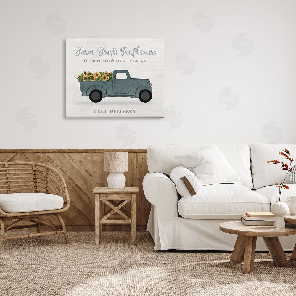 Natalie Carpentieri Farm Fresh Sunflowers Rustic Pickup Truck Sign Canvas Wall Art Print in Room