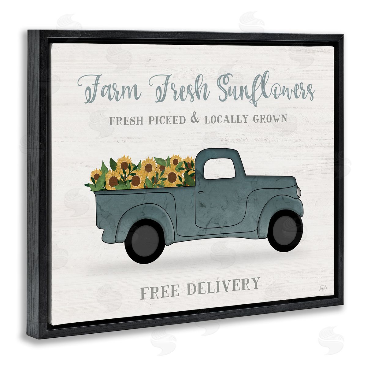 Natalie Carpentieri Farm Fresh Sunflowers Rustic Pickup Truck Sign Black Floating Frame Canvas Wall Art Print