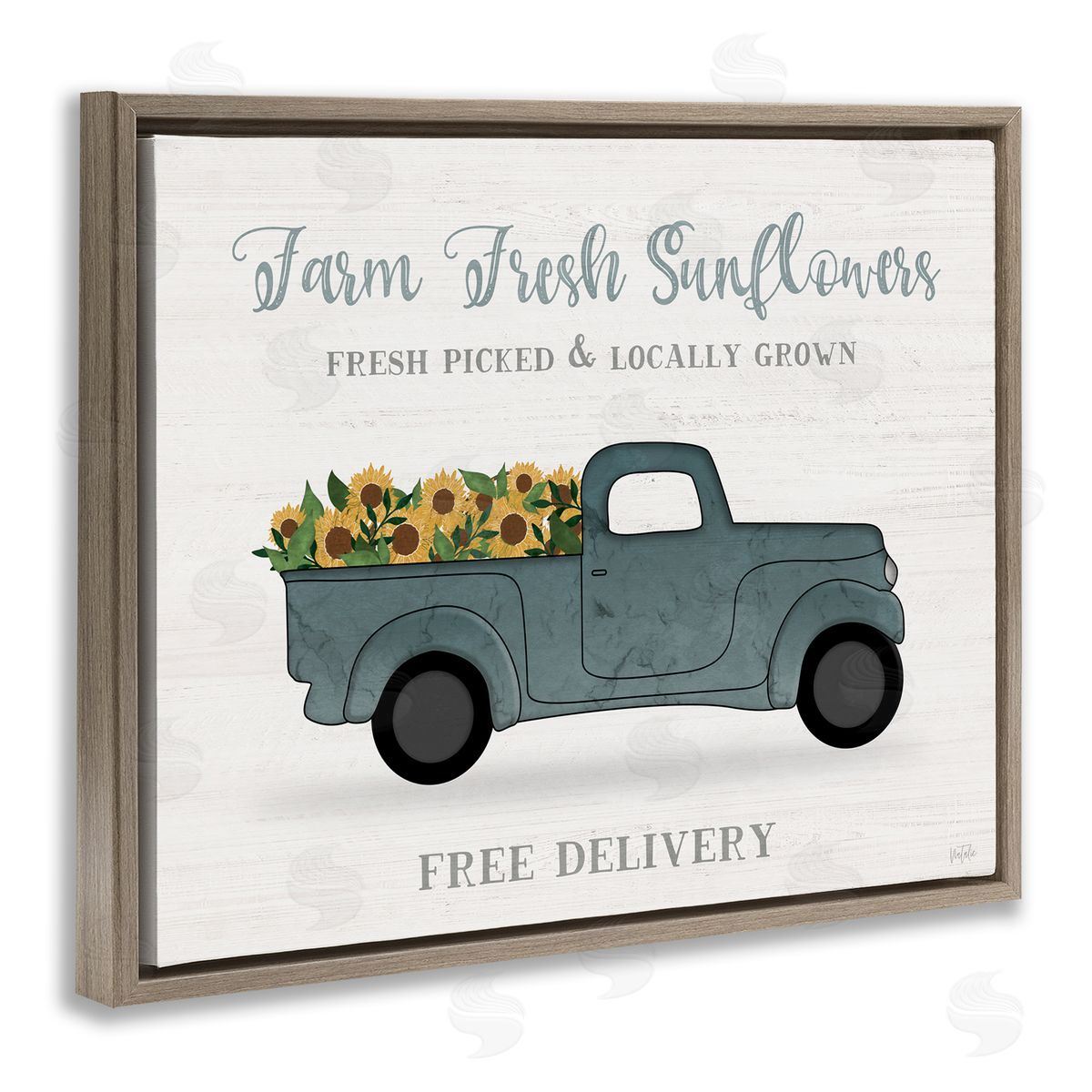 Natalie Carpentieri Farm Fresh Sunflowers Rustic Pickup Truck Sign Brown Floating Frame Canvas Wall Art Print