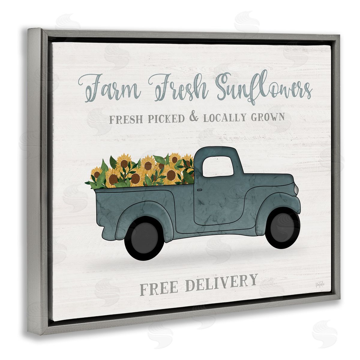 Natalie Carpentieri Farm Fresh Sunflowers Rustic Pickup Truck Sign Gray Floating Frame Canvas Wall Art Print