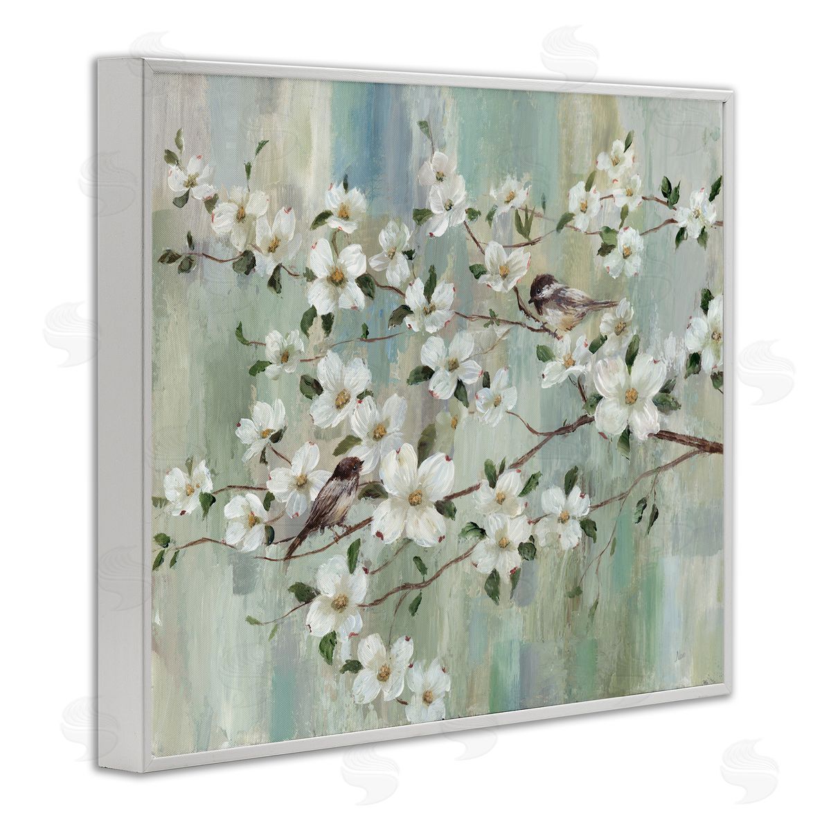 Nan Delicate Cherry Blossom Flowers Perched Birds Classic Painting White Framed Giclee Wall Art Print