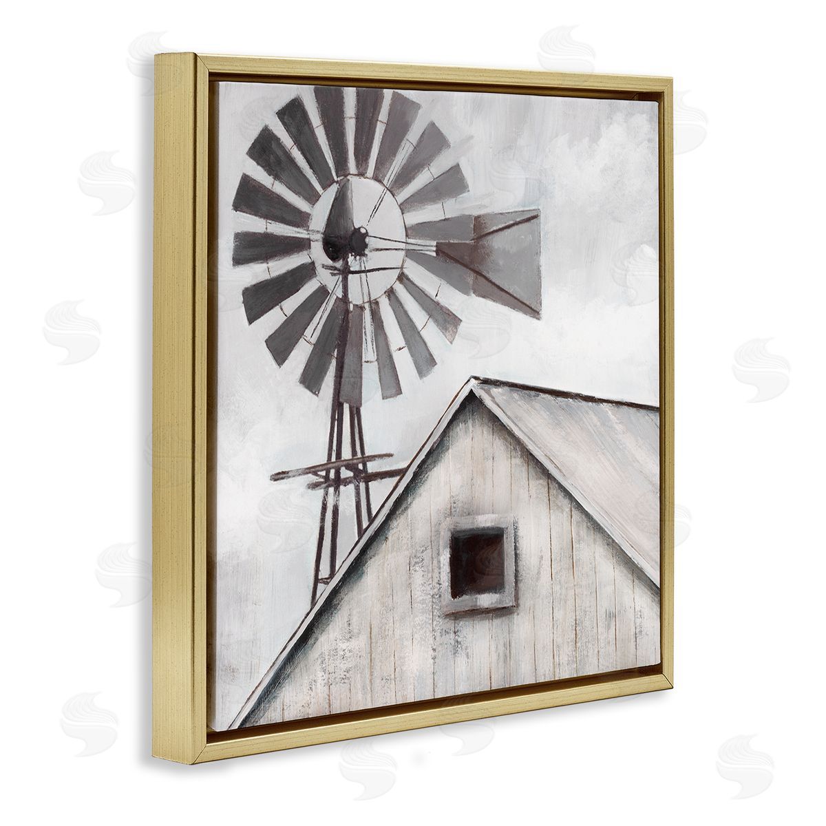 Nan Countryside Windmill Dark Cloudy Sky Rural Barn Gold Floating Frame Canvas Wall Art Print