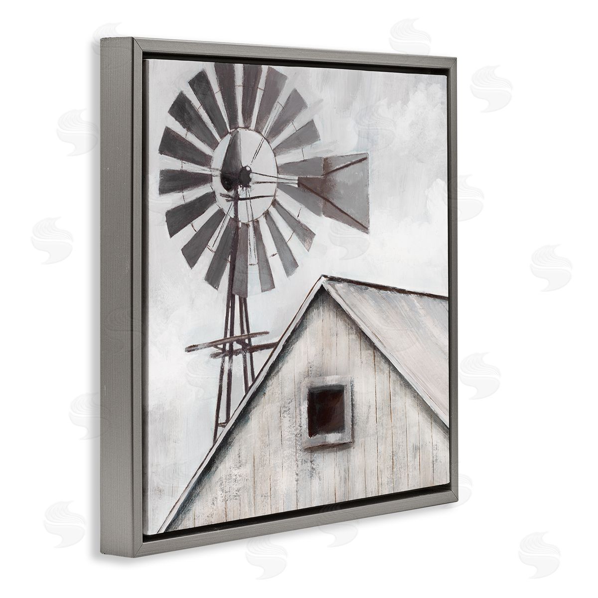 Nan Countryside Windmill Dark Cloudy Sky Rural Barn Gray Floating Frame Canvas Wall Art Print