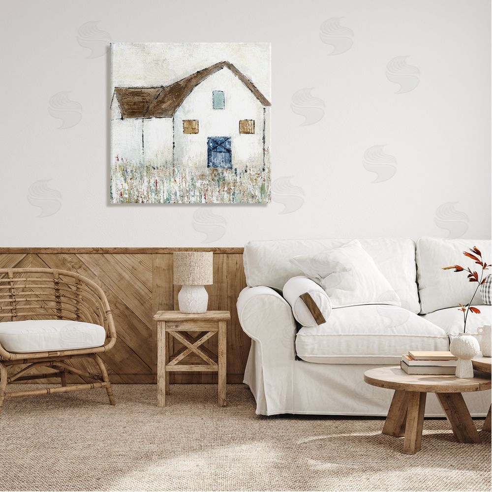 Tava Studios Rural White Barn Grassy Meadow Thick Brushstrokes Canvas Wall Art in Room