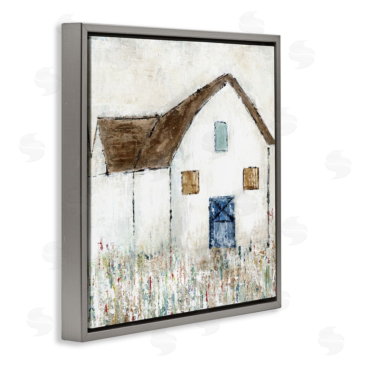 Tava Studios Rural White Barn Grassy Meadow Thick Brushstrokes Gray Floating Frame Canvas Wall Art Print