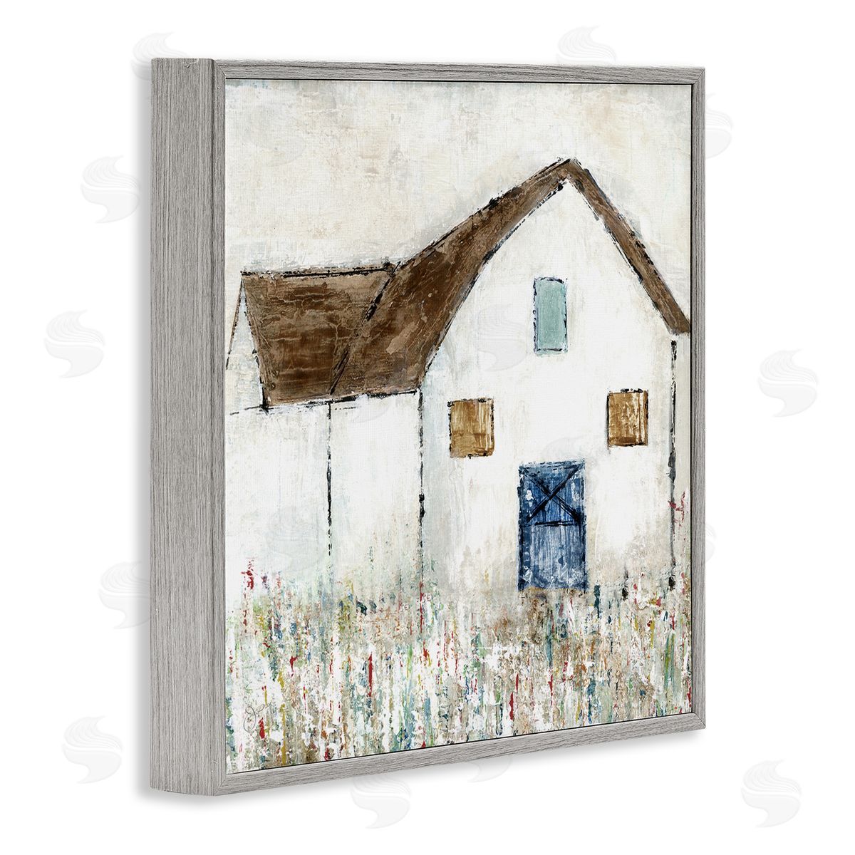 Tava Studios Rural White Barn Grassy Meadow Thick Brushstrokes Gray Framed Glicee Wall Art Print