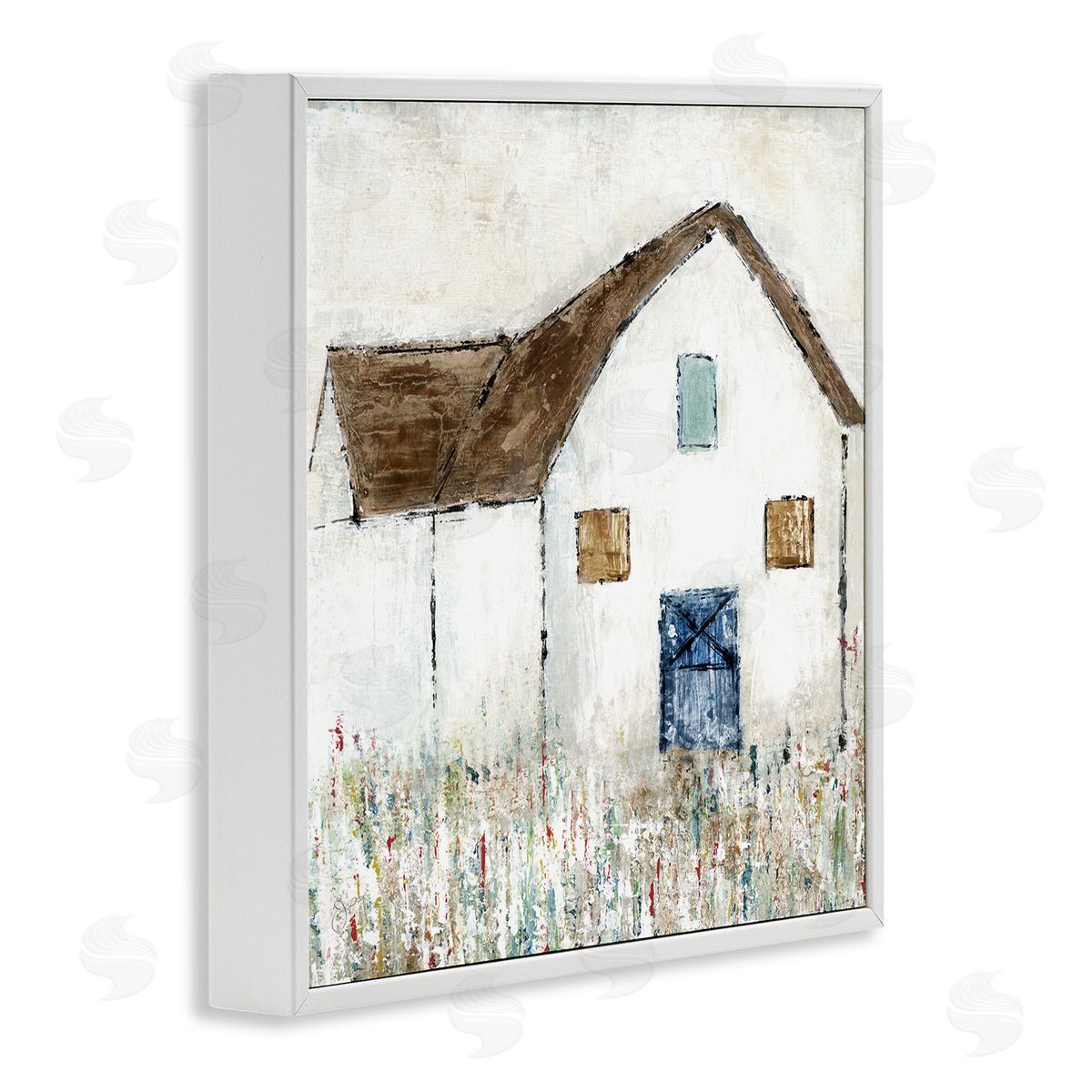 Tava Studios Rural White Barn Grassy Meadow Thick Brushstrokes White Framed Glicee Wall Art Print
