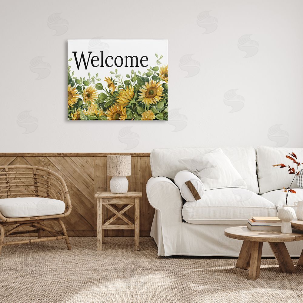 Cindy Jacobs Welcome Typography Sign Blooming Sunflower Field  Canvas Wall Art Print in Room