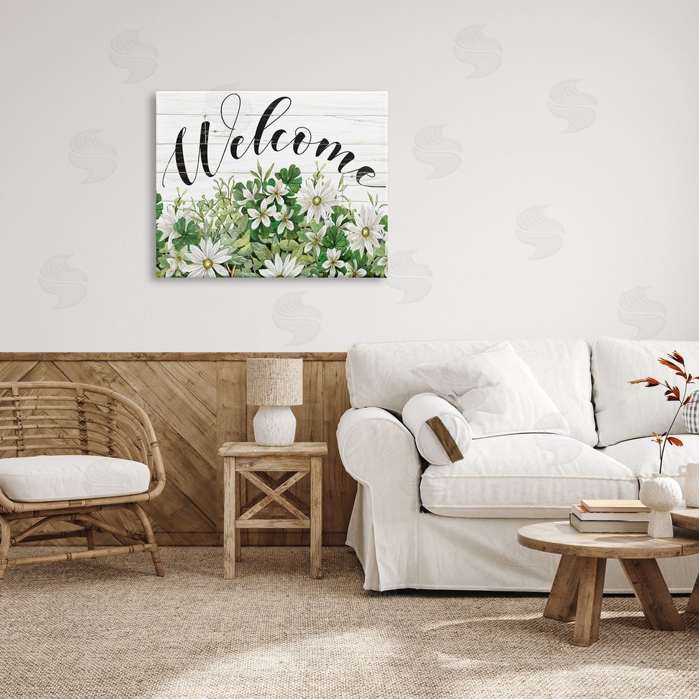 Cindy Jacobs Welcome Rustic Planked Sign White Flower Blossoms Canvas Wall Art Print in Room
