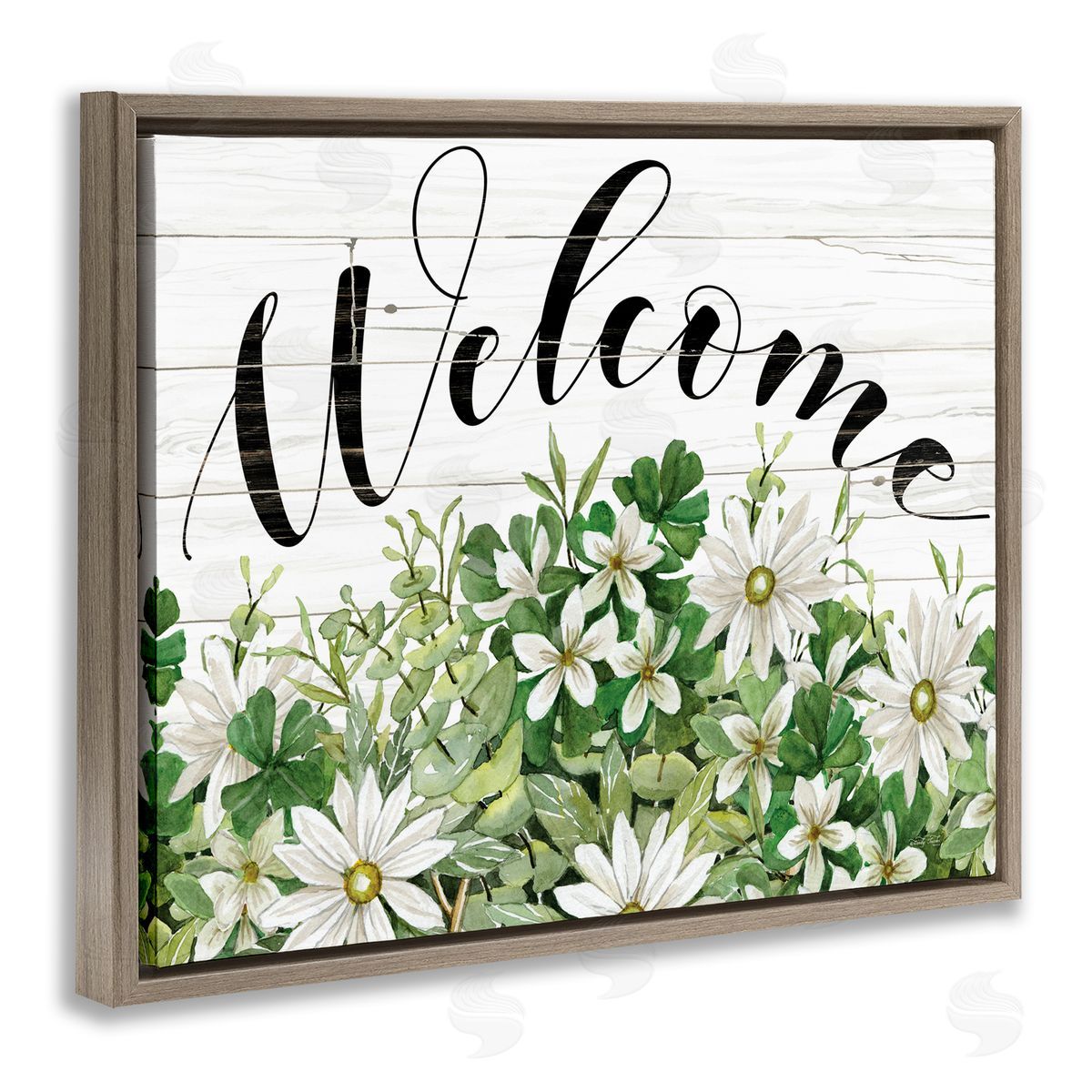 Cindy Jacobs Welcome Rustic Planked Sign White Flower Blossoms Brown Floating Frame Canvas Wall Art Print