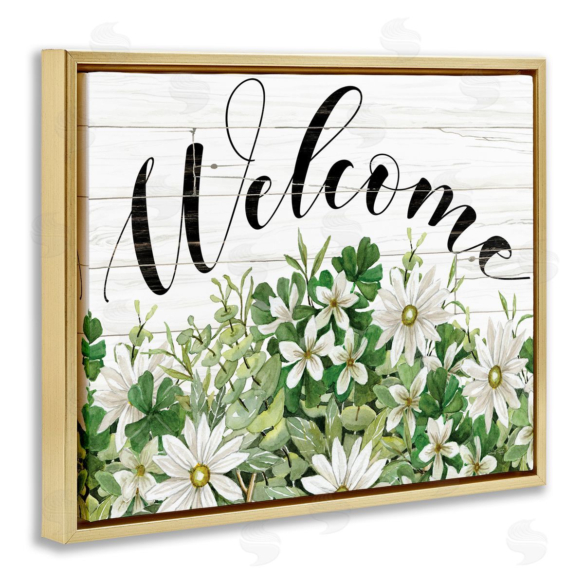 Cindy Jacobs Welcome Rustic Planked Sign White Flower Blossoms Gold Floating Frame Canvas Wall Art Print