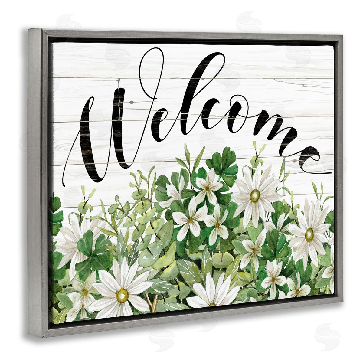 Cindy Jacobs Welcome Rustic Planked Sign White Flower Blossoms Gray Floating Frame Canvas Wall Art Print