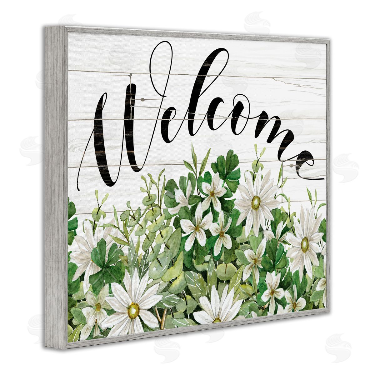 Cindy Jacobs Welcome Rustic Planked Sign White Flower Blossoms Gray Framed Giclee Wall Art Print