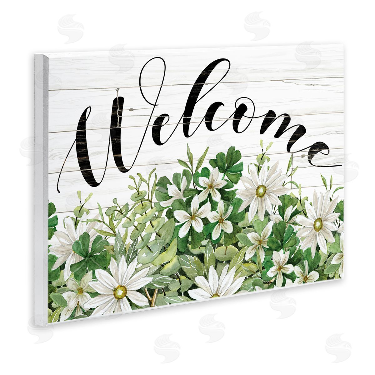 Cindy Jacobs Welcome Rustic Planked Sign White Flower Blossoms Wall Plaque Art Print