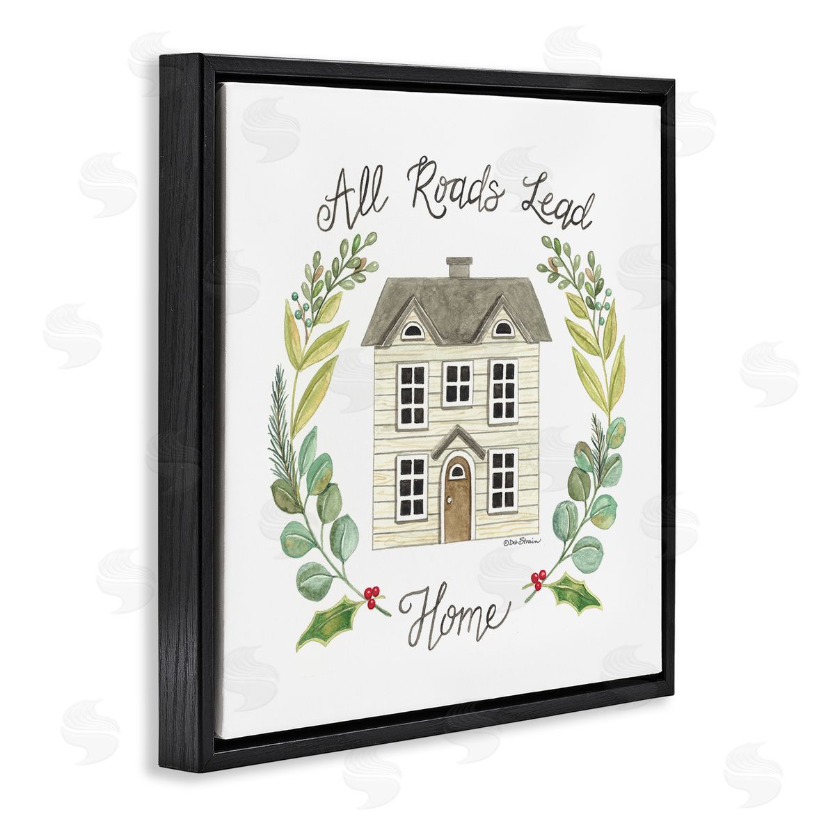 Deb Strain All Roads Lead Home Cottage Botanical Border Black Floating Frame Canvas Wall Art Print