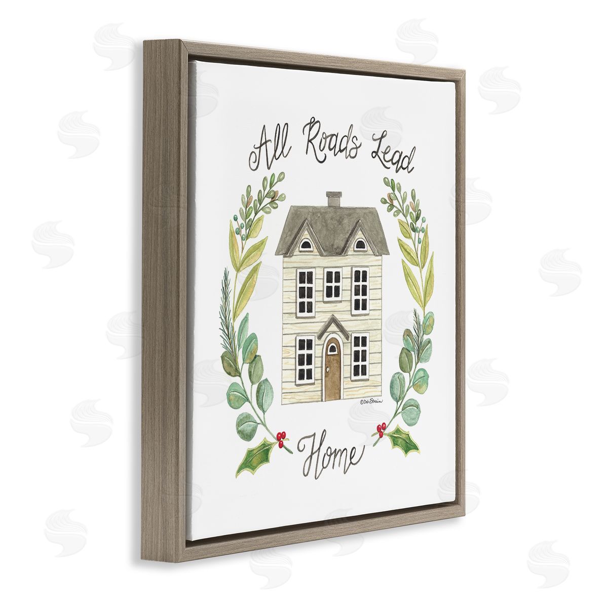 Deb Strain All Roads Lead Home Cottage Botanical Border Brown Floating Frame Canvas Wall Art Print