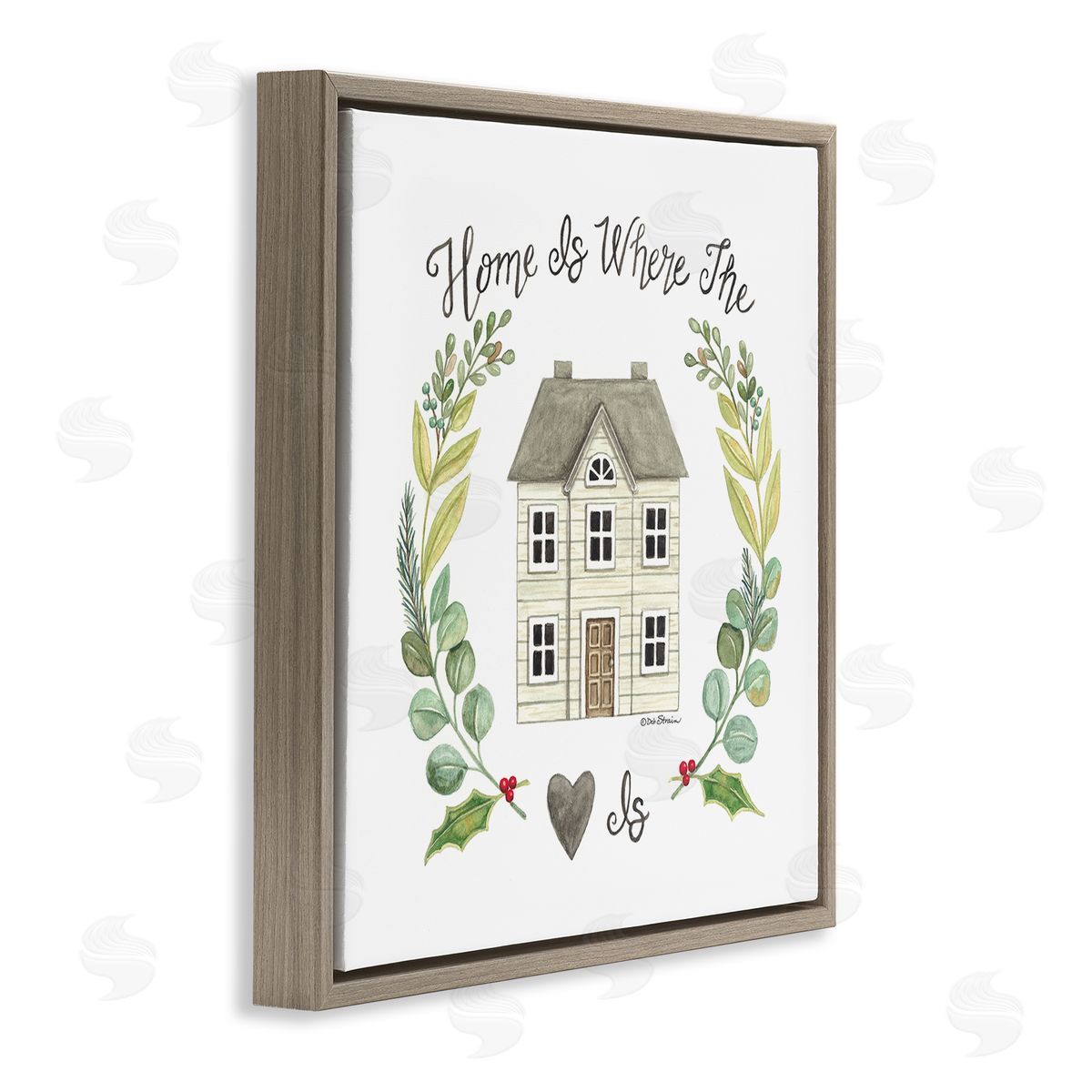 Deb Strain Home Where Heart Is Botanical Leaf Laurel Border Brown Floating Frame Canvas Wall Art Print