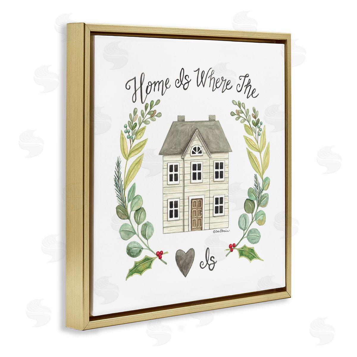 Deb Strain Home Where Heart Is Botanical Leaf Laurel Border Gold Floating Frame Canvas Wall Art Print