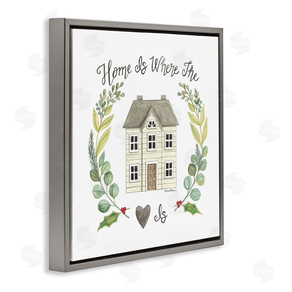 Deb Strain Home Where Heart Is Botanical Leaf Laurel Border Gray Floating Frame Canvas Wall Art Print