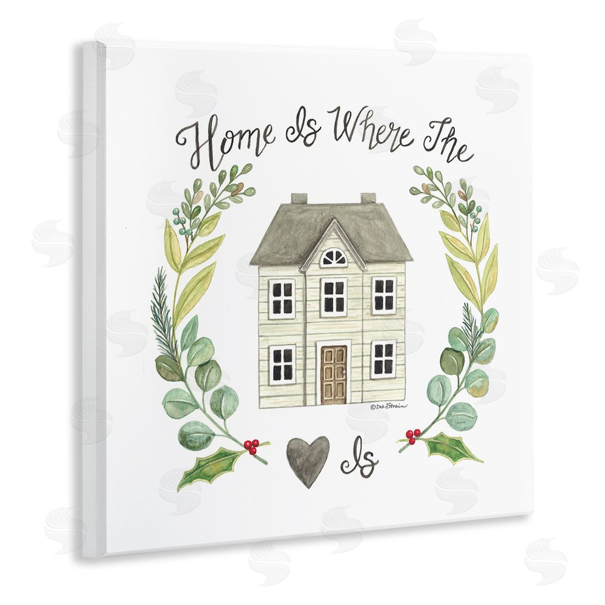 Deb Strain Home Where Heart Is Botanical Leaf Laurel Border Wooden Wall Plaque Art Print