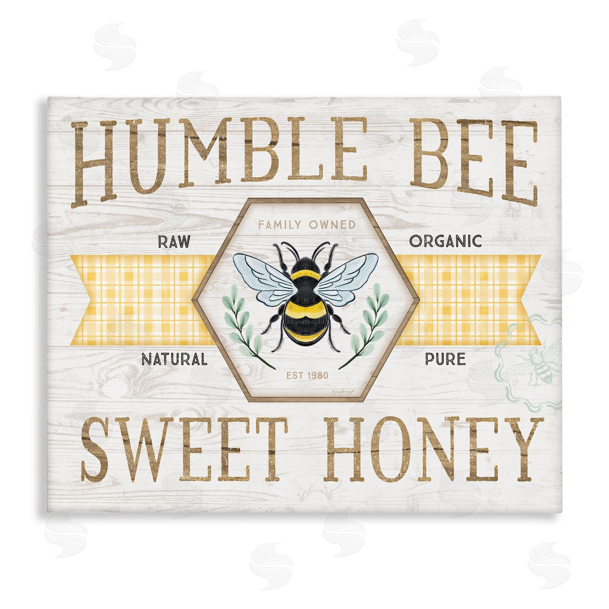 Jennifer Pugh Sweet Honey Bumble Bee Sign Country Tartan Banner Stretched Canvas Wall Art Print
