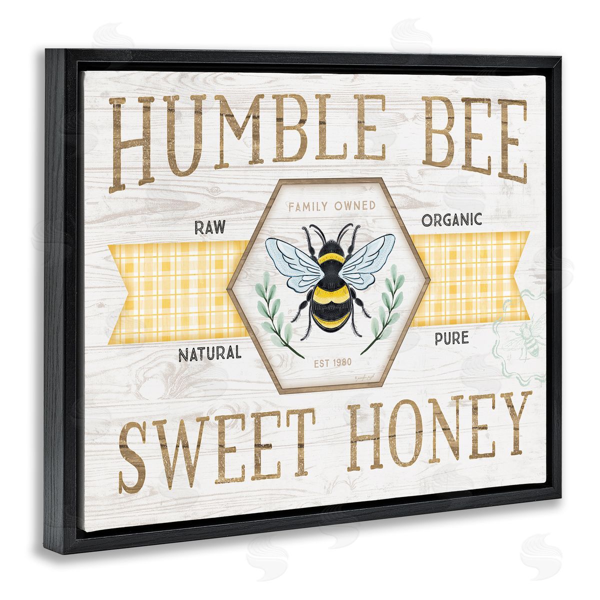 Jennifer Pugh Sweet Honey Bumble Bee Sign Country Tartan Banner Black Floating Frame Canvas Wall Art Print