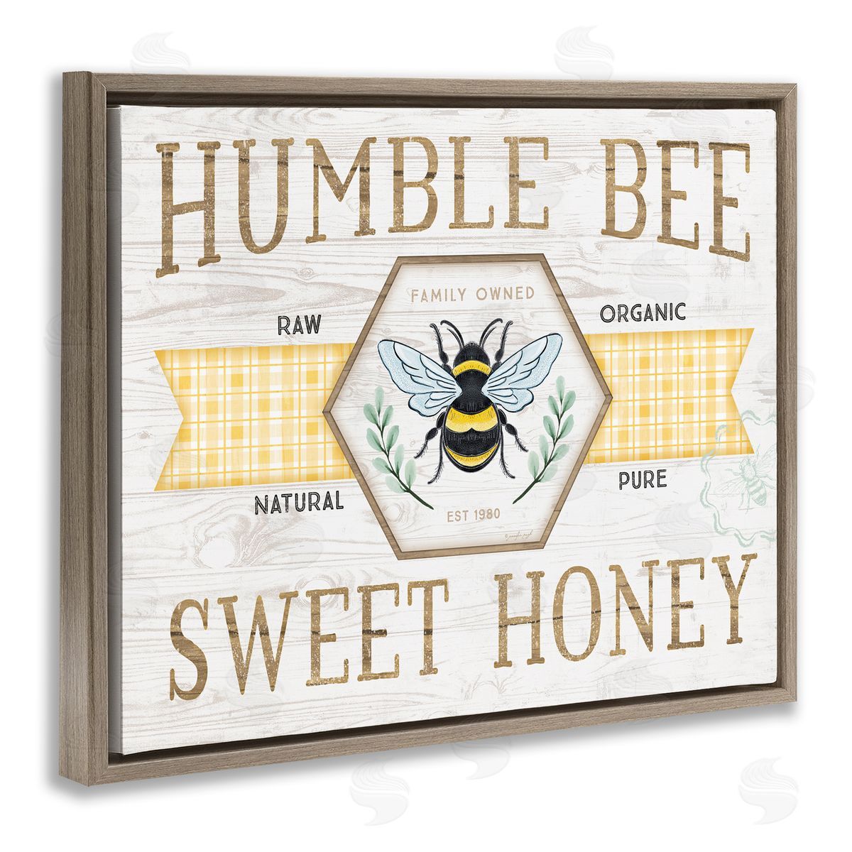 Jennifer Pugh Sweet Honey Bumble Bee Sign Country Tartan Banner Brown Floating Frame Canvas Wall Art Print