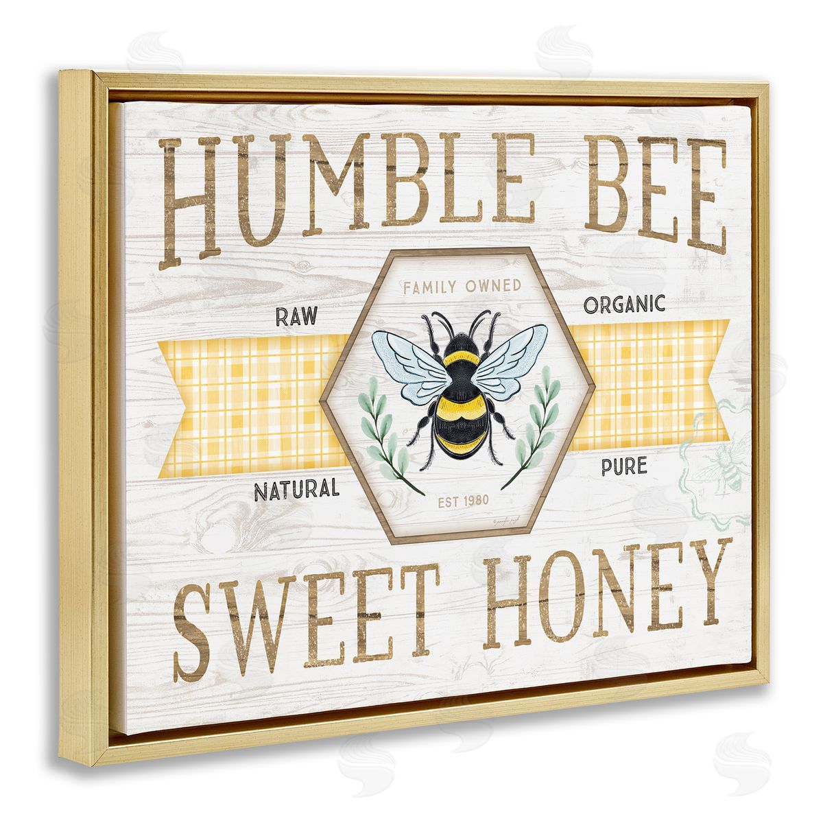 Jennifer Pugh Sweet Honey Bumble Bee Sign Country Tartan Banner Gold Floating Frame Canvas Wall Art Print