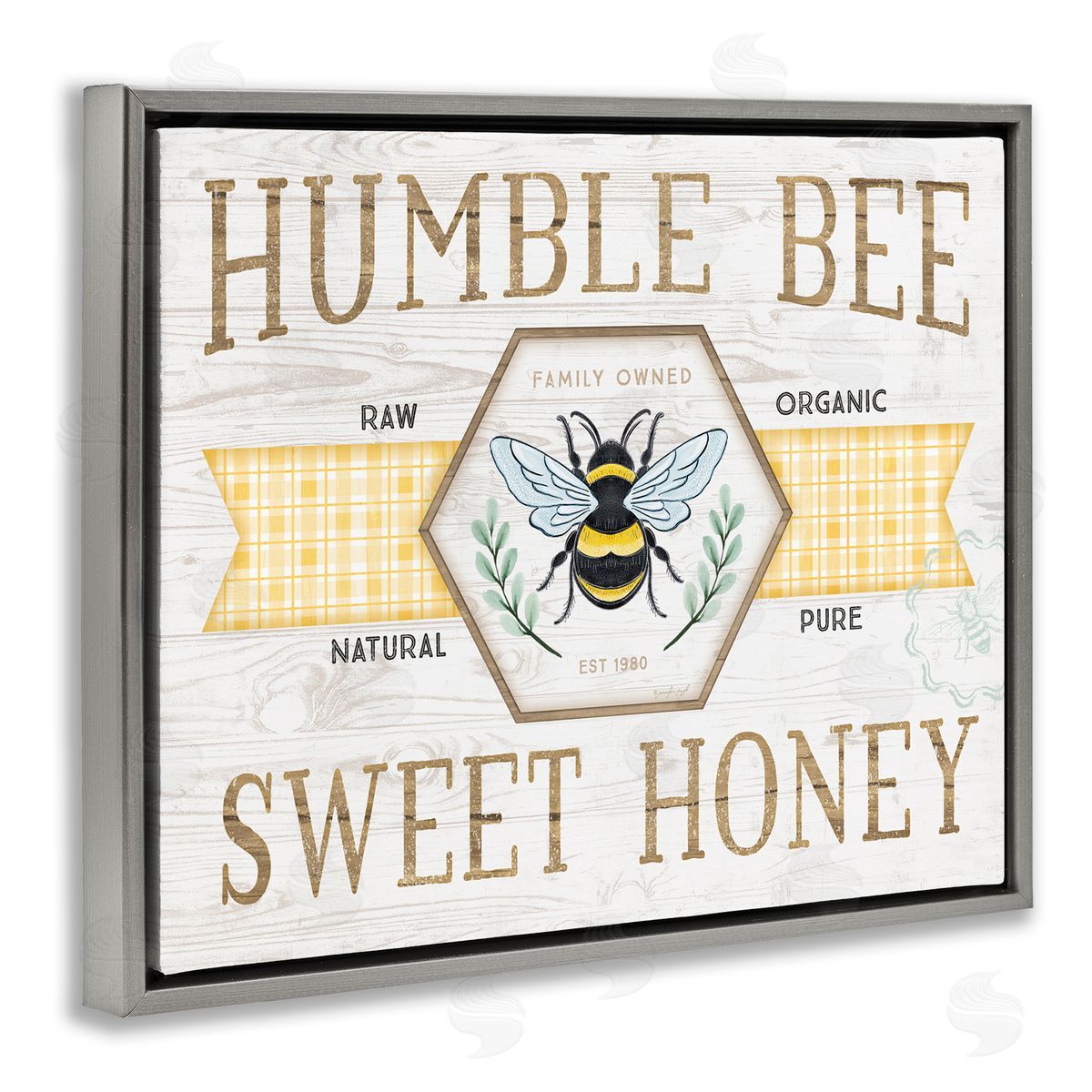 Jennifer Pugh Sweet Honey Bumble Bee Sign Country Tartan Banner Gray Floating Frame Canvas Wall Art Print