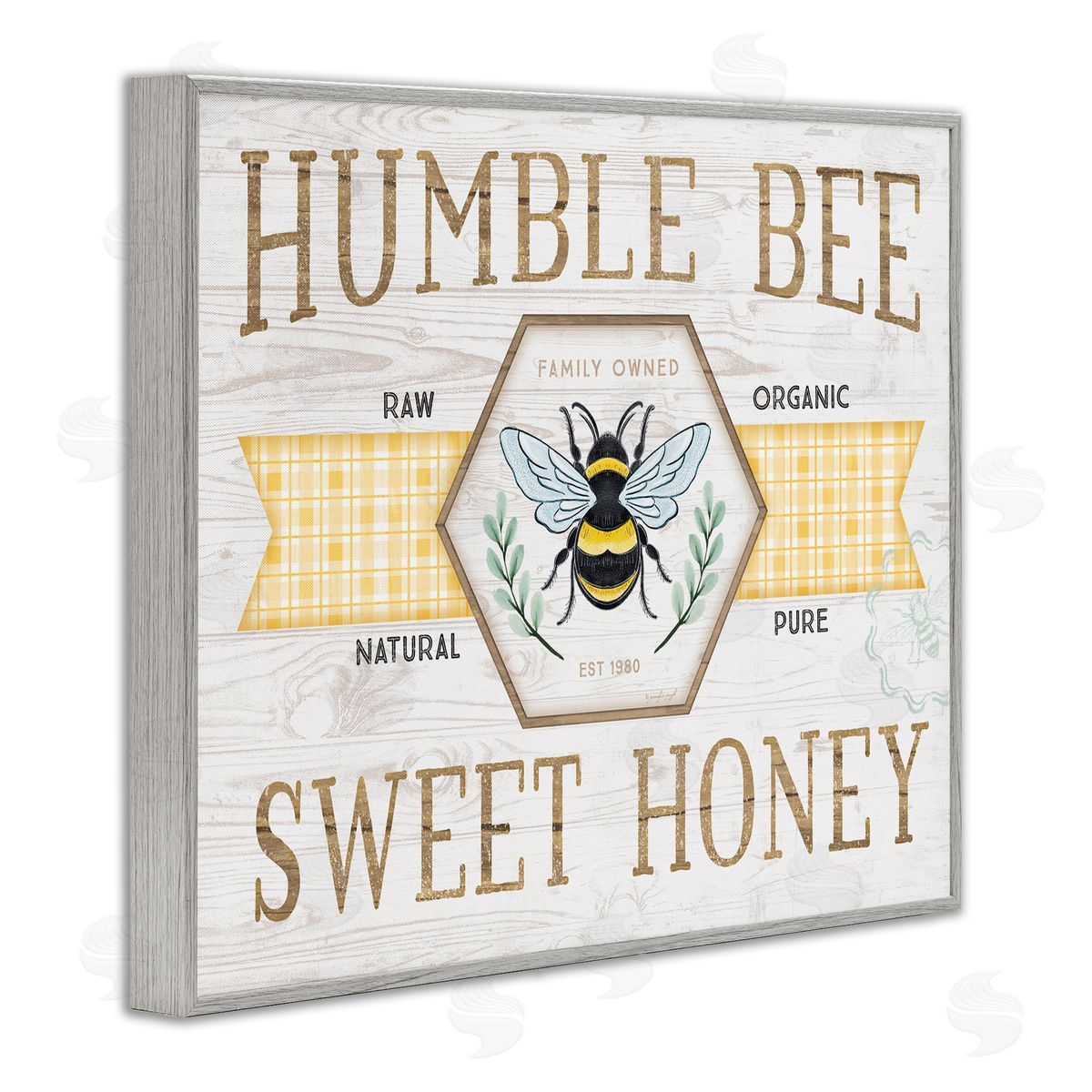 Jennifer Pugh Sweet Honey Bumble Bee Sign Country Tartan Banner Gray Framed Giclee Wall Art Print
