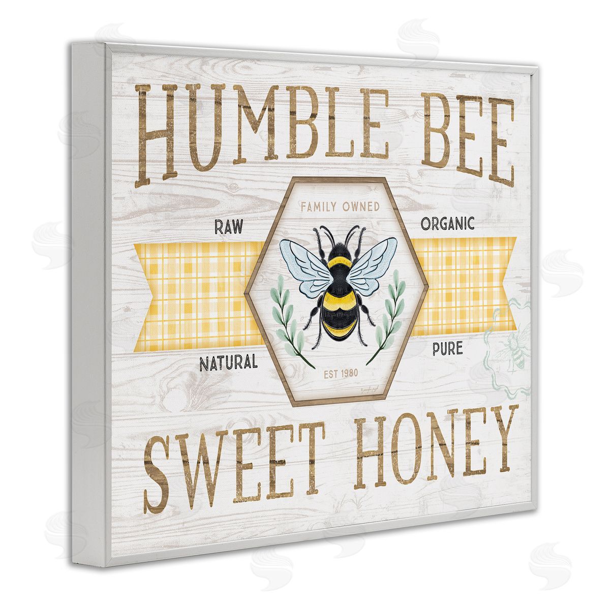 Jennifer Pugh Sweet Honey Bumble Bee Sign Country Tartan Banner White Framed Giclee Wall Art Print