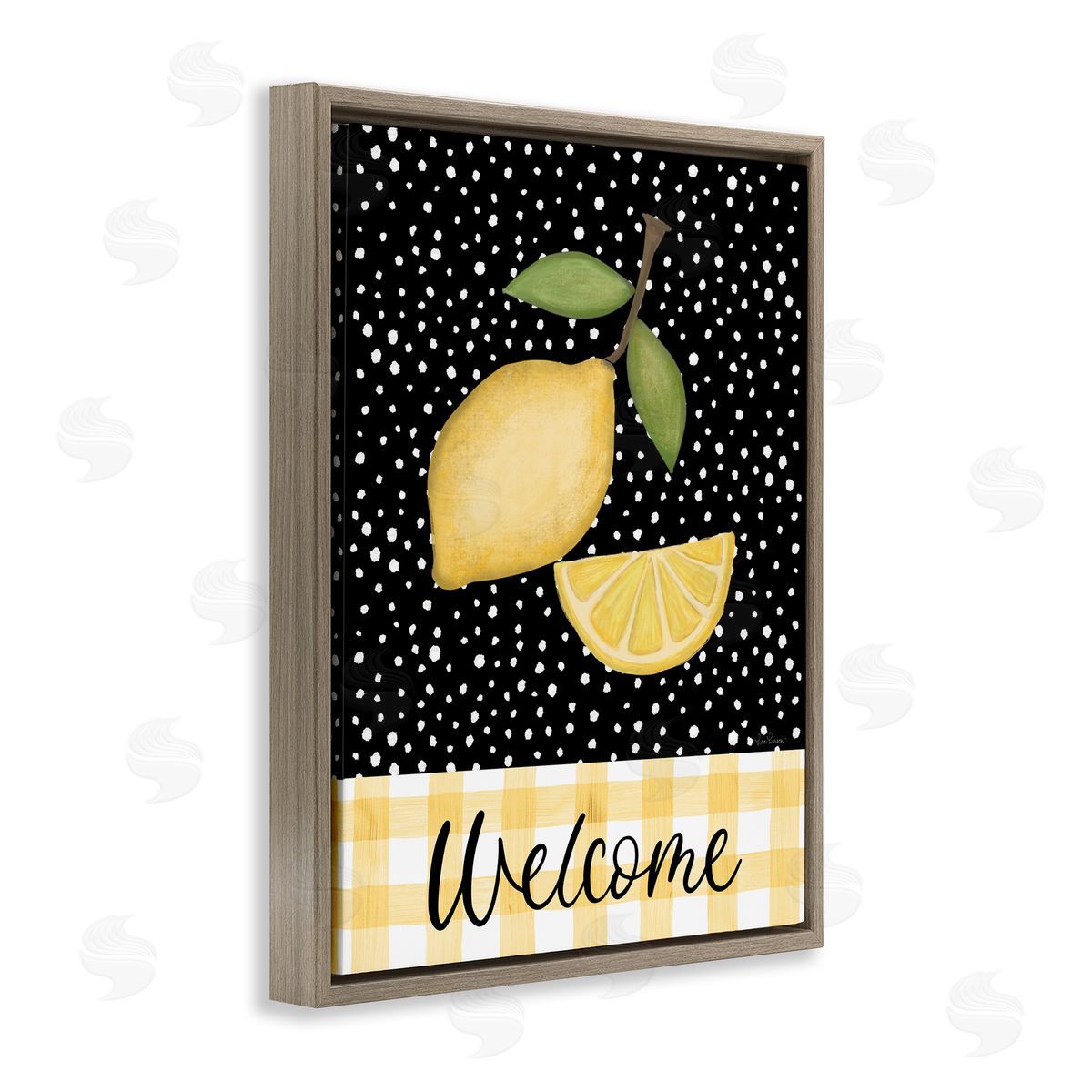 Lisa Larson Country Welcome Sign Polka Dot Pattern Lemons Brown Floating Frame Canvas Wall Art Print