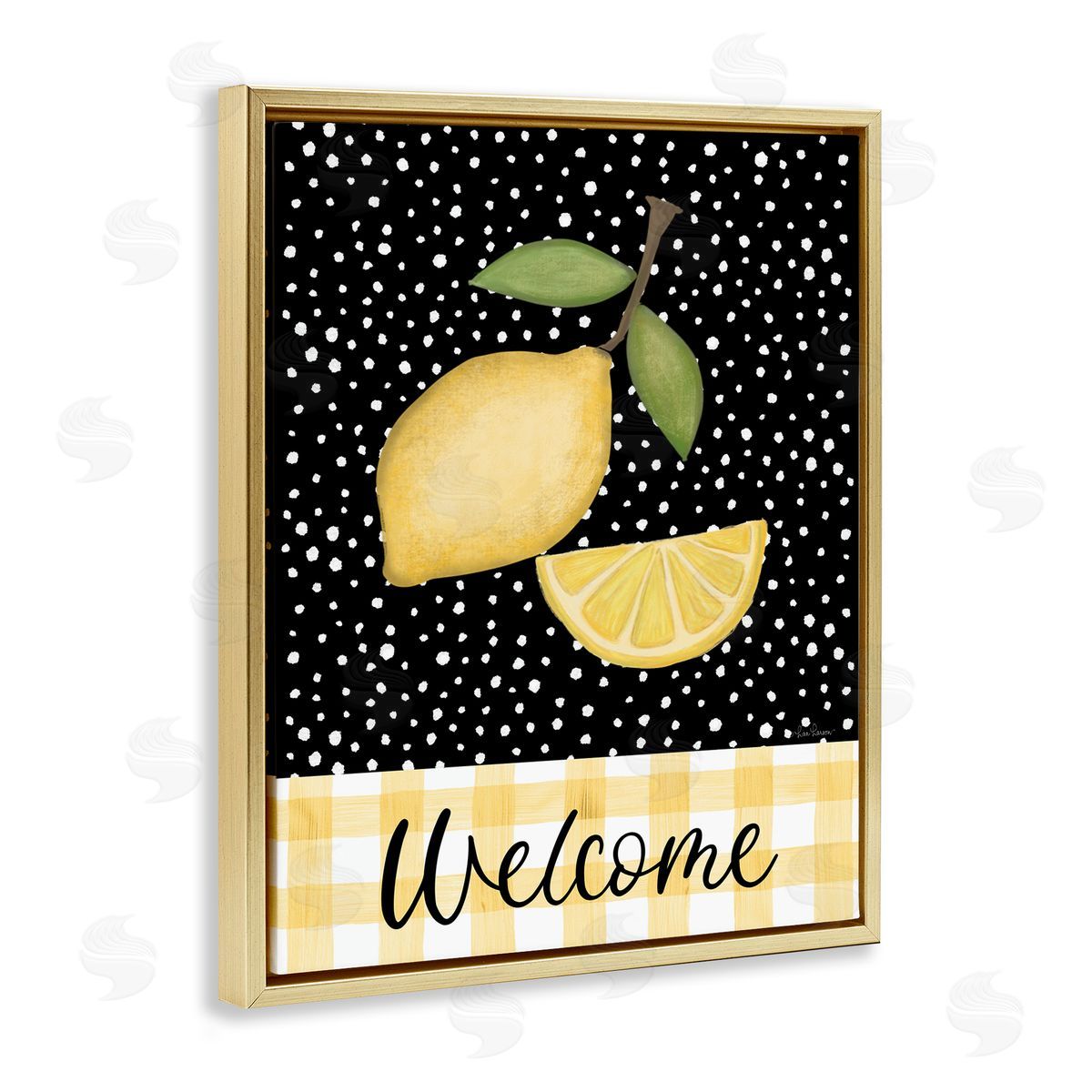 Lisa Larson Country Welcome Sign Polka Dot Pattern Lemons Gold Floating Frame Canvas Wall Art Print