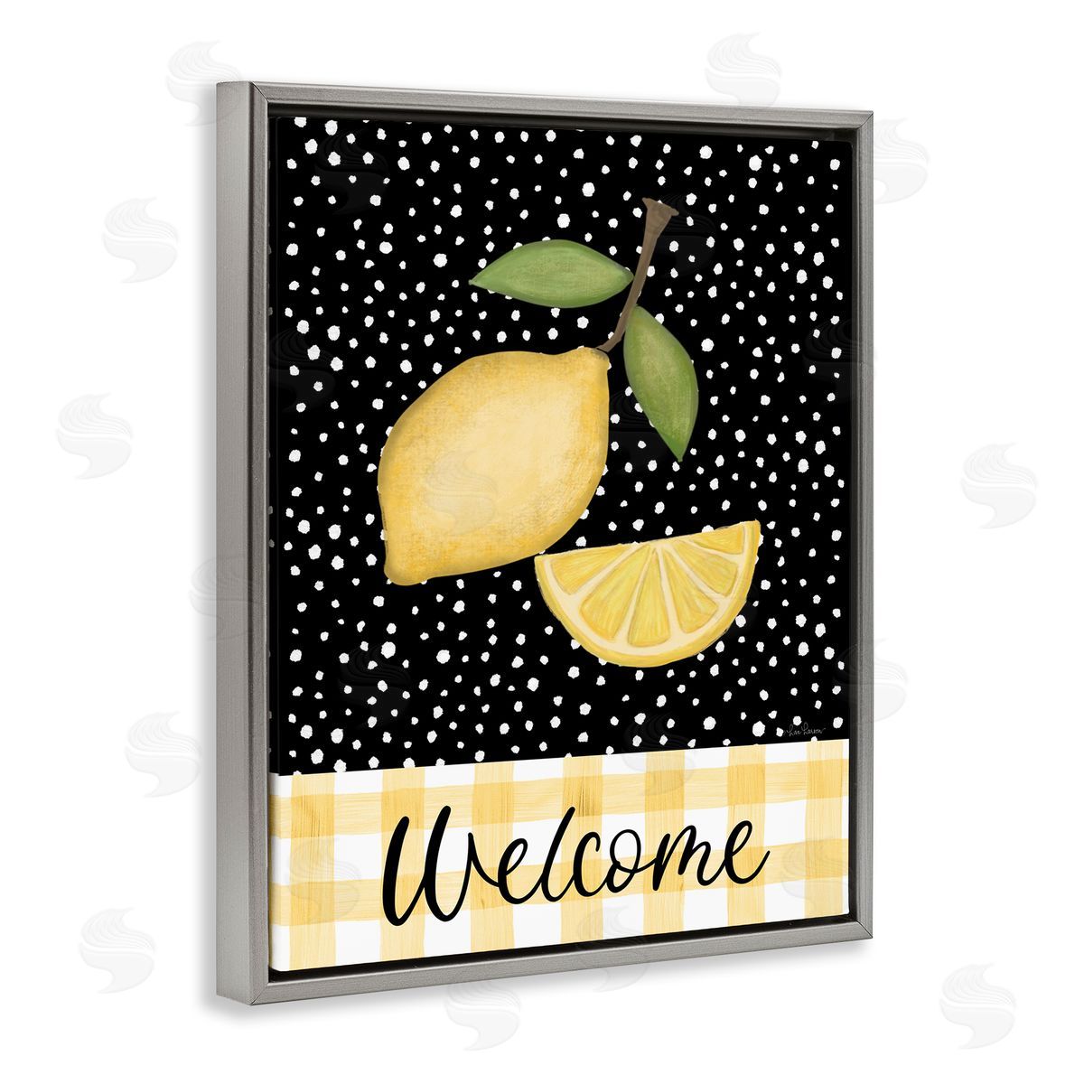 Lisa Larson Country Welcome Sign Polka Dot Pattern Lemons Gray Floating Frame Canvas Wall Art Print