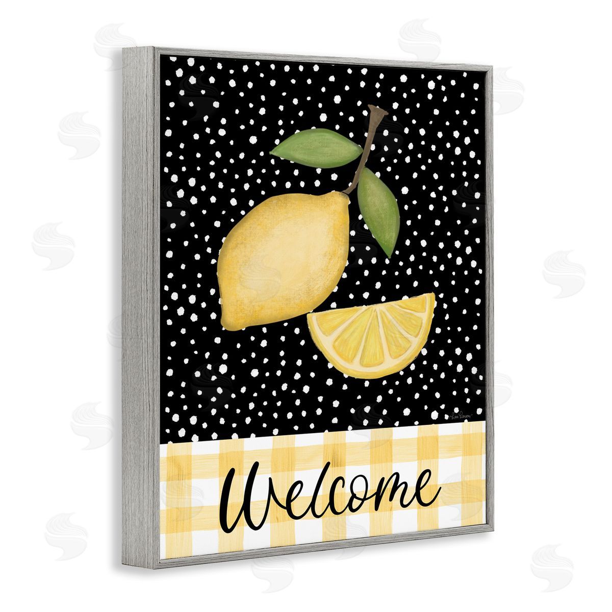 Lisa Larson Country Welcome Sign Polka Dot Pattern Lemons Gray Framed Giclee Wall Art Print