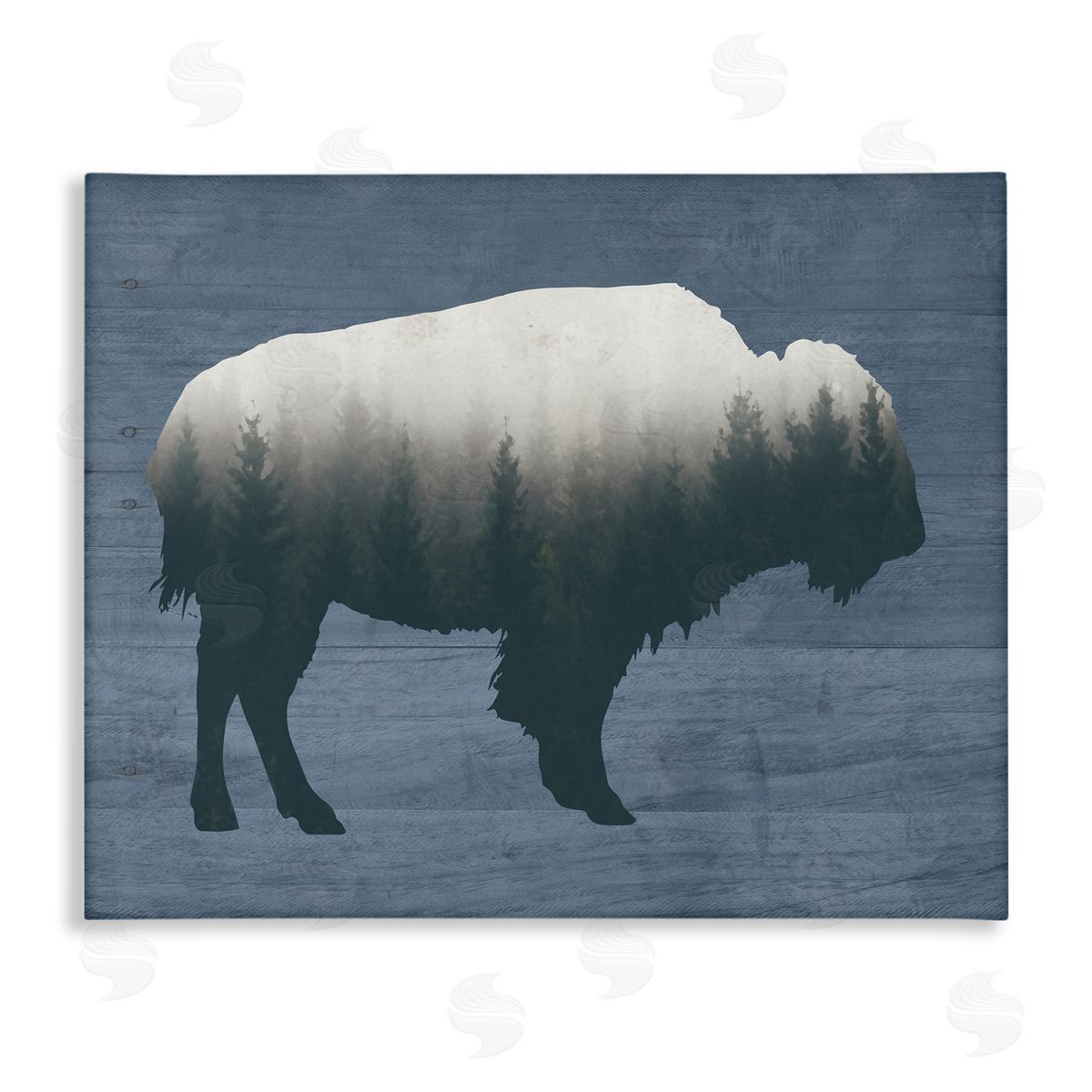 Lettered and Lined Rustic Bison Shape Silhouette Forest Trees Pattern Stretched Canvas Wall Art Print