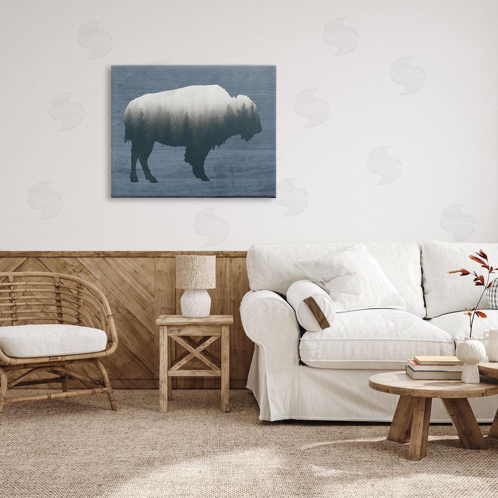 Lettered and Lined Rustic Bison Shape Silhouette Forest Trees Pattern Canvas Wall Art Print in Room