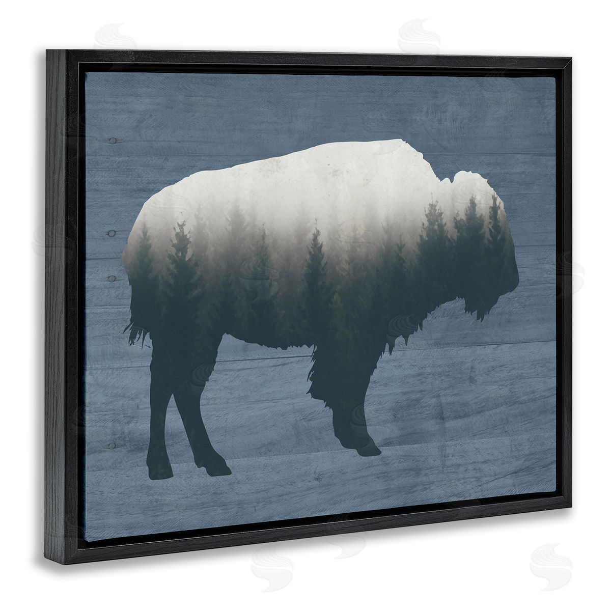 Lettered and Lined Rustic Bison Shape Silhouette Forest Trees Pattern Black Floating Frame Canvas Wall Art Print