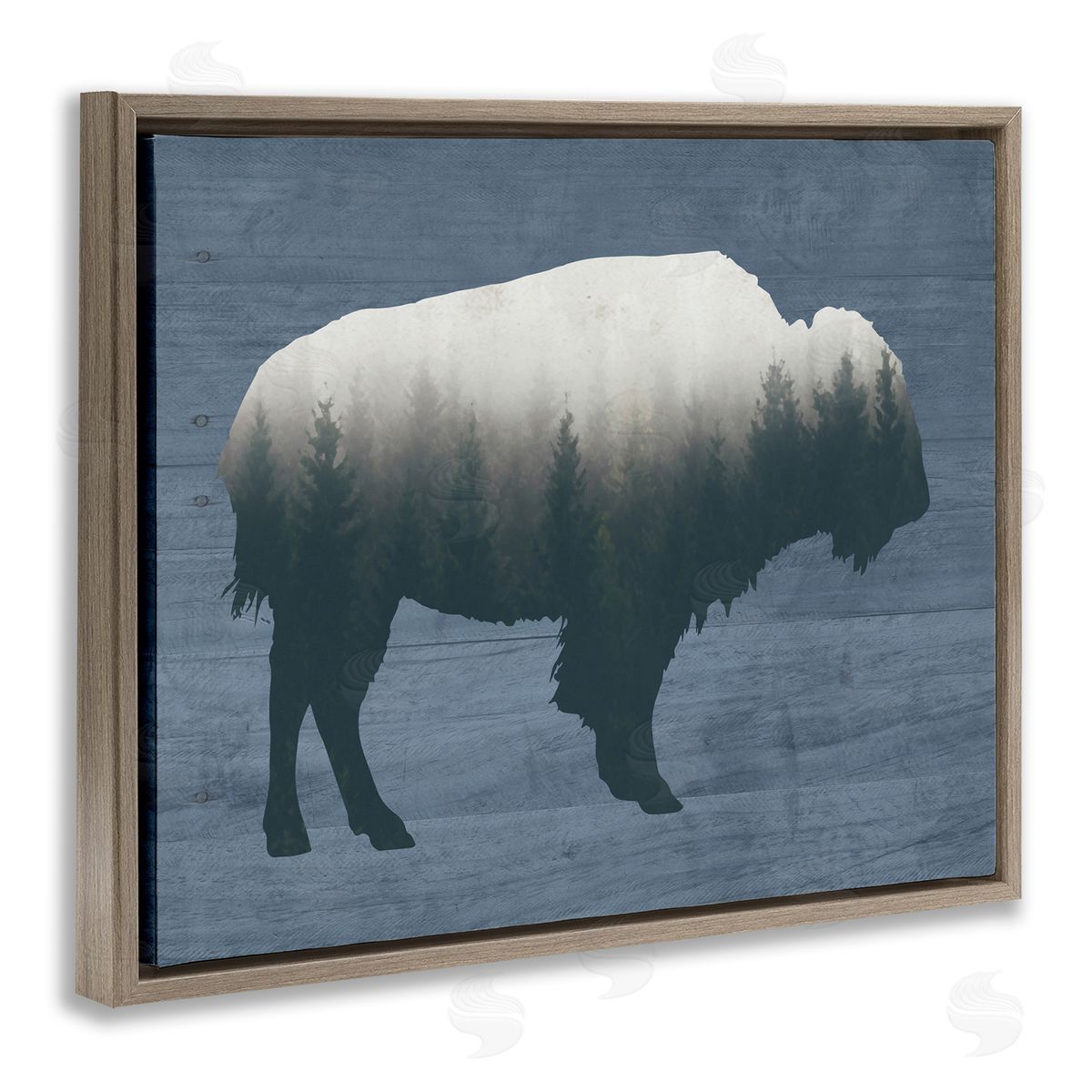 Lettered and Lined Rustic Bison Shape Silhouette Forest Trees Pattern Brown Floating Frame Canvas Wall Art Print