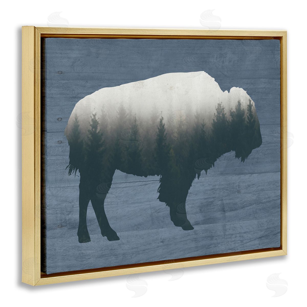 Lettered and Lined Rustic Bison Shape Silhouette Forest Trees Pattern Gold Floating Frame Canvas Wall Art Print
