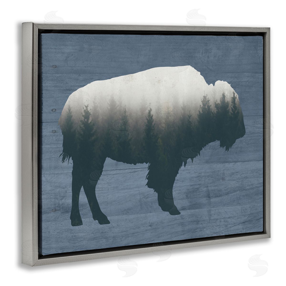 Lettered and Lined Rustic Bison Shape Silhouette Forest Trees Pattern Gray Floating Frame Canvas Wall Art Print