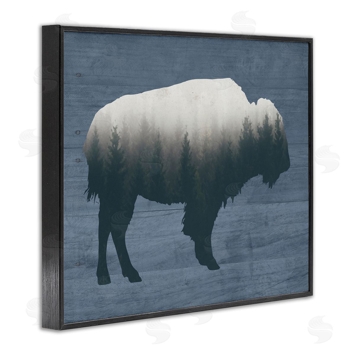 Lettered and Lined Rustic Bison Shape Silhouette Forest Trees Pattern Black Framed Giclee Wall Art Print