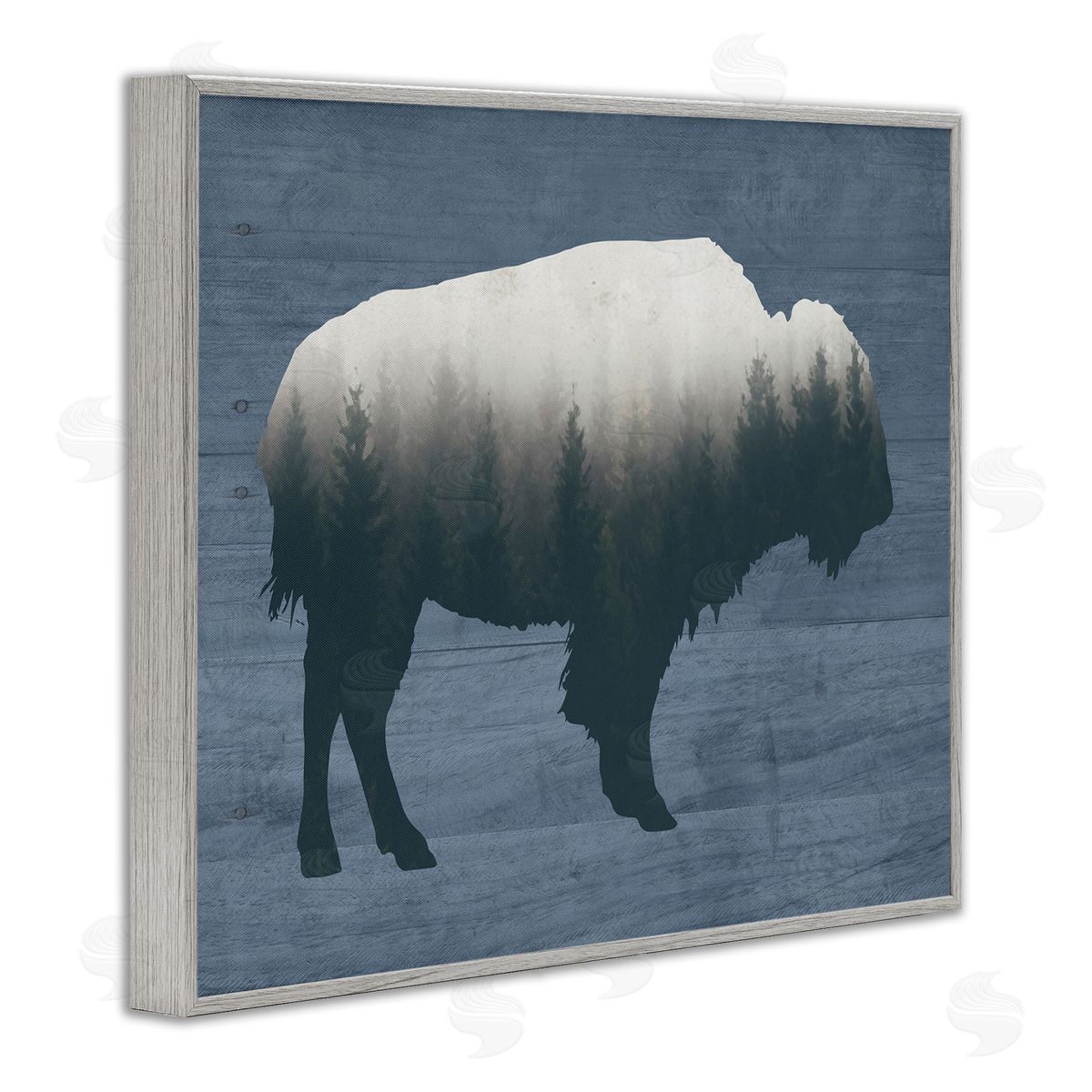 Lettered and Lined Rustic Bison Shape Silhouette Forest Trees Pattern Gray Framed Giclee Wall Art Print