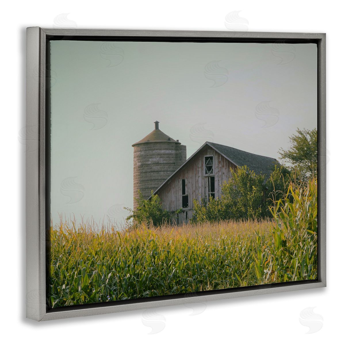 Stupell Studio Soothing Countryside Barn Clear Sky Rural Grass Gray Floating Frame Canvas Wall Art Print